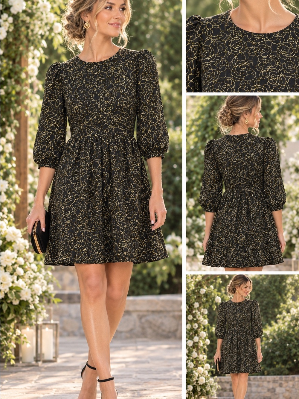 Nordstrom Women’s Cotton Blend Black & Gold Beautiful Flare Dress Size Large New